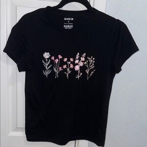 SHEIN Black Tee with Pink and White Floral Pattern